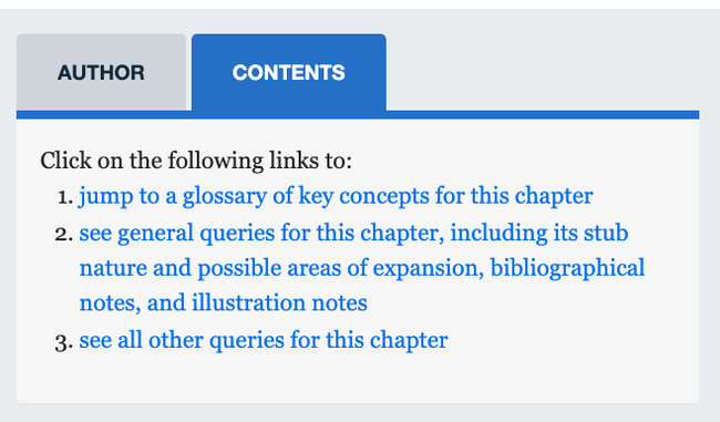 a screenshot showing a two-tab interface (Author / Contents), with the Contents tab active. It lists three clickable links: 1. Jump to a glossary of key concepts for this chapter 2. See general queries for this chapter, including its stub nature and possible areas of expansion, bibliographical notes, and illustration notes 3. See all other queries for this chapter